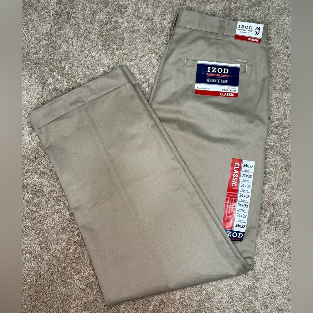 Izod Men's American Chino Classic Fit Wrinkle-Free Double Pleat Pant, 34x32